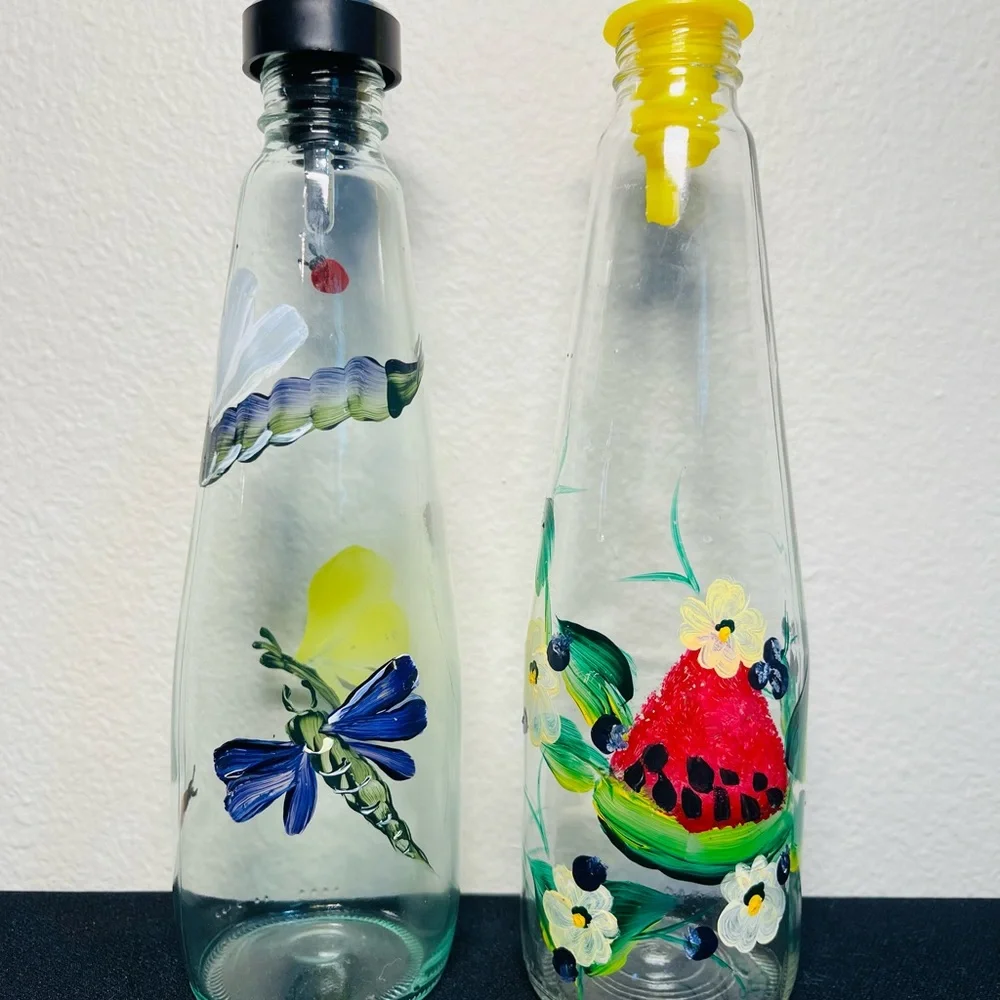 Hand-Painted Glass Cruet’s with Floral and Dragonfly Designs Oil and Vinegar